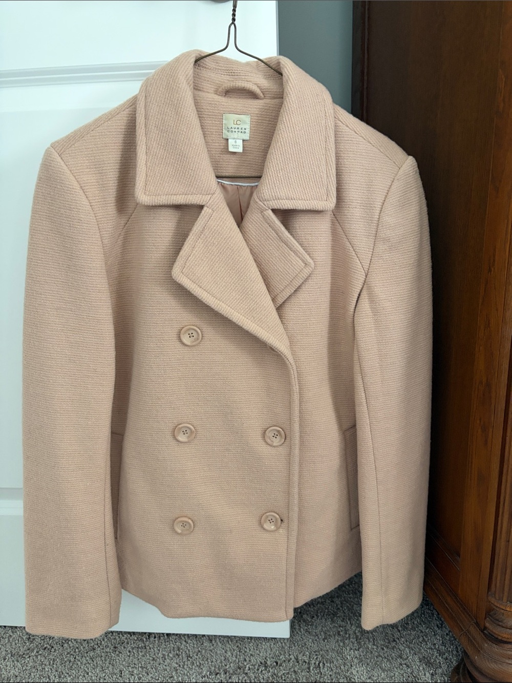 LC Lauren Conrad Women's Double-Breasted Cream Peacoat Blush pink